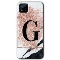 MRCİLETİSİM Realme C11 Kılıf Baskılı Kapak - Pembe Mermer Desenli G Harfi + 5D Tam Kaplayan Cam