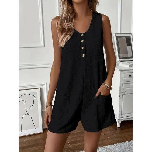 Kadın Askılı Yuvarlak Yaka Düğmeli Waffle Kısa Tulum