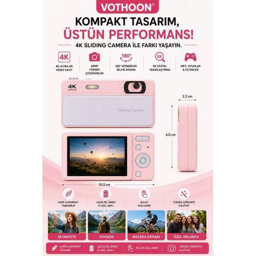 Dijital Kamera 4k Hd 48mp 16x Zoom Flaşlı Kayar Retro Video Kamera 2.8’’ Ekran 64gb Sd Kart Hediyeli Pembe