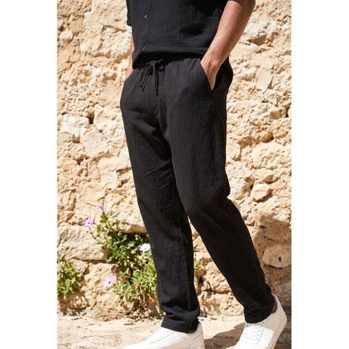 Calvert Tensel Pamuk Kumaş Çizgili Relaxed Fit Erkek Pantolon - Siyah