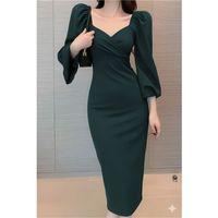 Kadın Uzun Kollu Kalp Yakalı Midi Ithal Krep Elbise