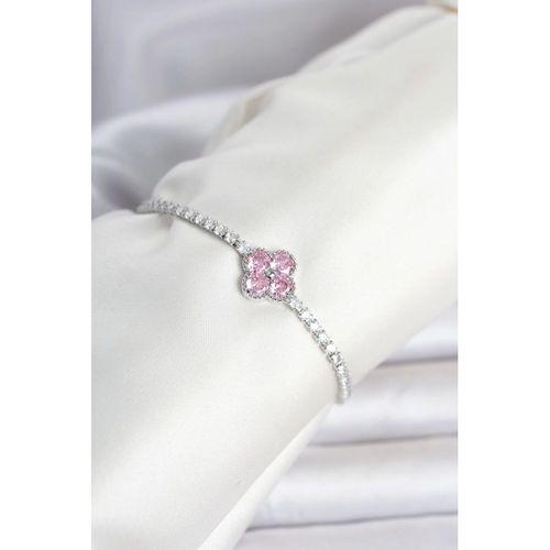 Pirinç Gümüş Renk Pembe Zirkon Taşlı Yonca Model Su Yolu Kadın Bileklik