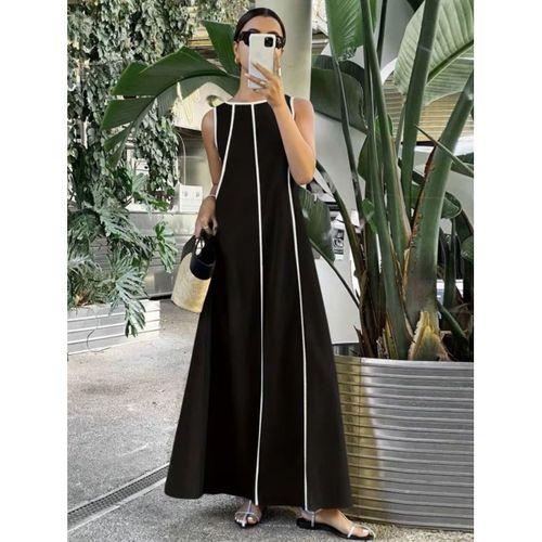 Kadın Omuzlardan Açık Yaka Ince şerit Detaylı Uzun Viskon Elbise