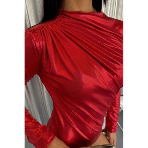 PARLAK OMUZ DRAPELİ BODYSUİT - Kırmızı