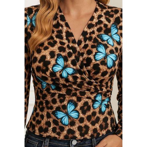 Kadın Uzun Kollu Kruvaze Yakalı Kelebek Desenli şardonlu Dalgıç Bluz