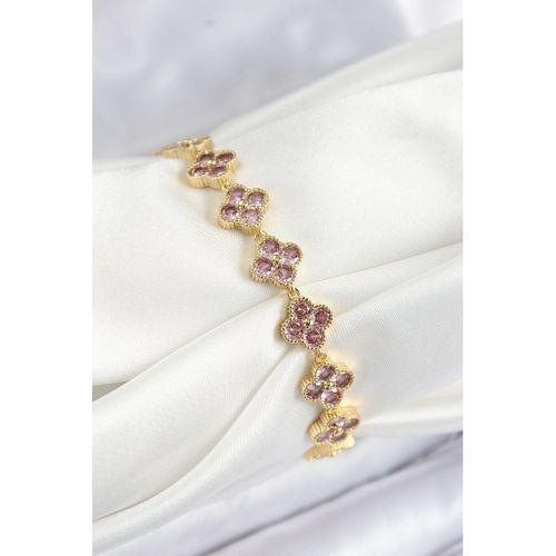 Pirinç Pembe Zirkon Taşlı Yonca Model Gold Renk VIP Seri Kadın Bileklik