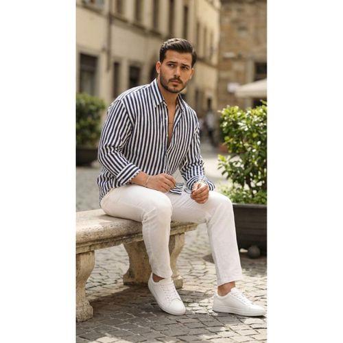 Erkek Dikey Çizgili Yarım Oversize Gömlek