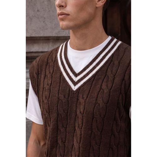 Oxford Relaxed Fit Şerit Yakalı Saç Örgülü V Yaka Erkek Triko Süveter - Kahve