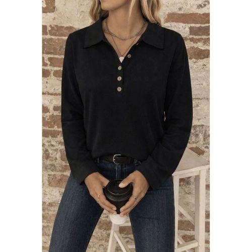 Kadın Uzun Kollu Yakalı Düğmeli Salaş Waffle Bluz