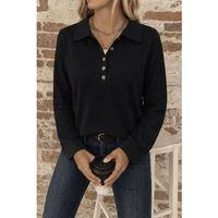 Kadın Uzun Kollu Yakalı Düğmeli Salaş Waffle Bluz