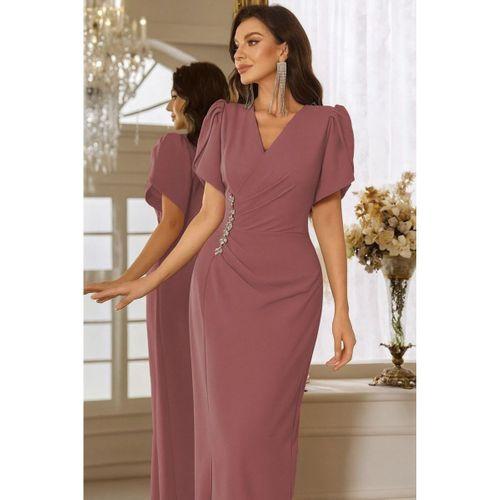 Kadın Kısa Kollu Kruvaze Yakalı Belden çiçek Aksesuarlı Yırtmaçlı Ithal Krep Elbise