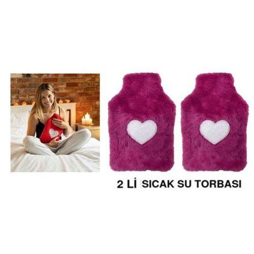 2 Adet Sıcak Su Torbası Peluş Kalpli,Koyu Pembe Termofor 27X17X2Cm 1 Litre