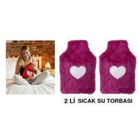 2 Adet Sıcak Su Torbası Peluş Kalpli,Koyu Pembe Termofor 27X17X2Cm 1 Litre