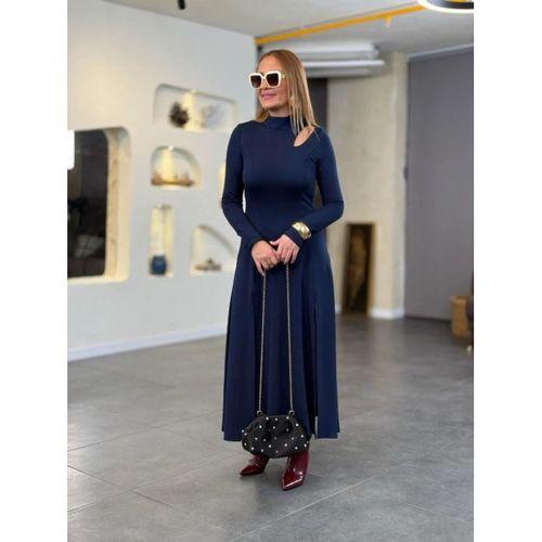 Kadın Balıkçı Yaka Damla Detaylı Yırtmaçlı Uzun Viskon Iki Iplik Maxi Elbise