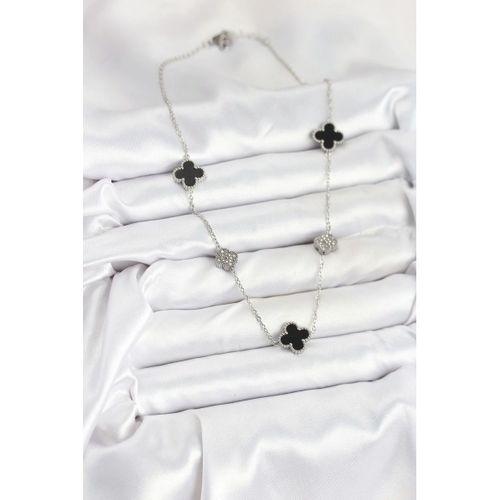 316L Çelik Zincir Gümüş Renk Siyah ve Zirkon Taşlı Yonca Kadın Kolye
