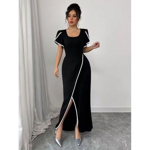 Kadın Kısa Kollu Kare Yakalı önden çapraz Kesim Detaylı Krep Elbise