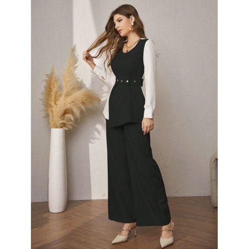 Kadın Uzun Kollu Açık Yakalı çift Renkli Kemerli Ithal Krep Ikili Takım