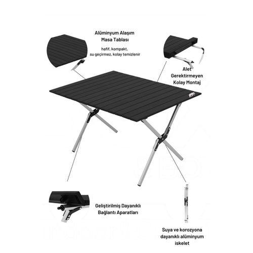 Kamp Ayısı® Alüminyum Katlanabilir Large Kamp ve Piknik Masası, Çantalı, Siyah