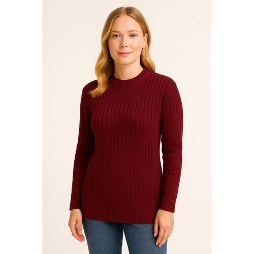 Bisiklet Yuvarlak Yaka Triko Kazak Pamuklu Kalın Fitilli Dokuma, Regular Fit Uzun Kollu Kışlık Model - Bordo