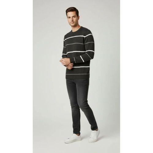 Erkek Bisiklet Yaka Cizgili Triko Kazak Yumuşak Dokulu Pamuklu Ince Dokuma, Uzun Kollu Rahat Regular Kalıp - Füme