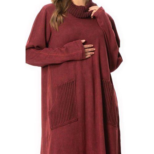 Uzun Kol Sevda Geniş Boğazlı Sonbahar ve Kışlık Cepli Triko Elbise Bordo Brd
