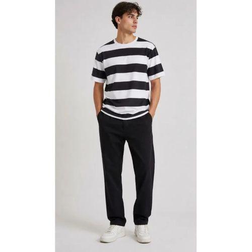 Erkek Çizgili Oversize Tişört Bisiklet Yaka Kısa Kol Yazlık T-Shirt - Siyah