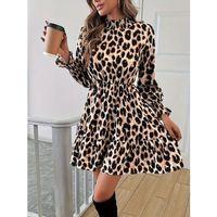 Kadın Uzun Kollu Yarı Balıkçı Yaka Leopar Desenli Modal Mini Elbise