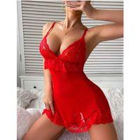 Kırmızı Dantel İşlemeli İnce Askılı Likralı Fantezi Tül Gecelik