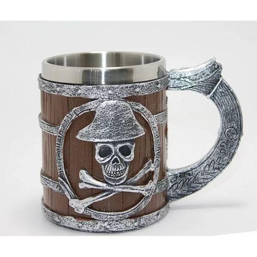 Korsan Temalı Ahşap Görünümlü 3d Kabartmalı Çelik Kupa Bardak