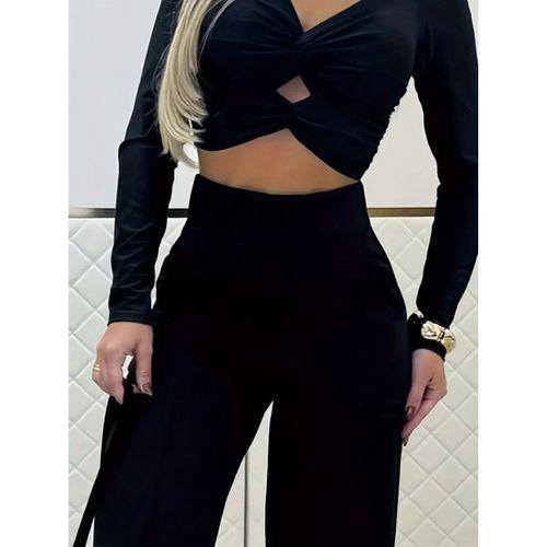 Kadın Uzun Kollu Göğüs Dekolteli Ithal Krep Bluz Ve Pantolon Ikili Takım