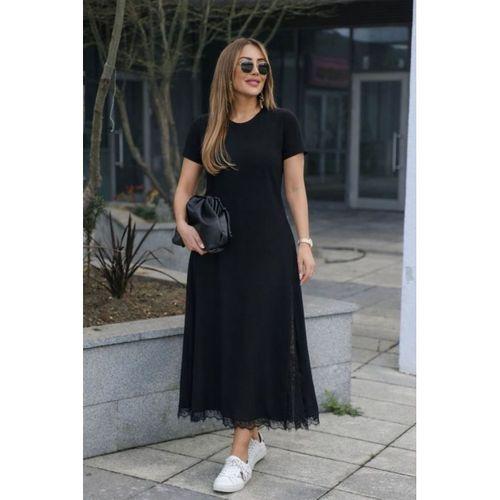 Kadın Kısa Kollu Bisiklet Yaka Yandan Yırtmaçlı Dantel Detaylı Uzun Viskon Elbise