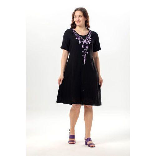 Kısa Kol Lidya Bisiklet Yaka Nakışlı Yazlık Kısa Müslin Elbise Siyah Syh