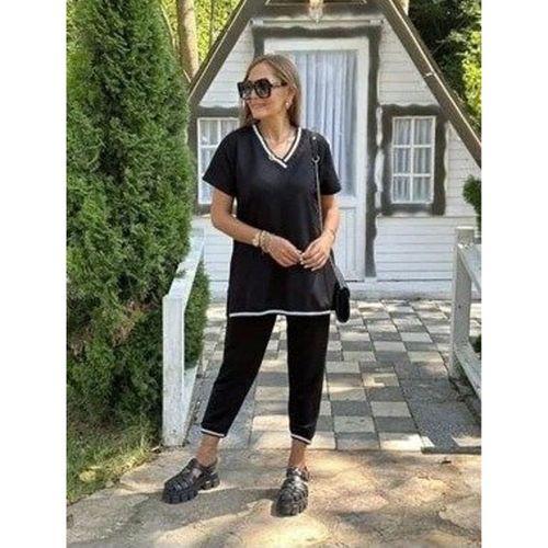 Kadın Kısa Kollu V Yakalı Iki Iplik Bluz Ve Pantolon Ikili Takım