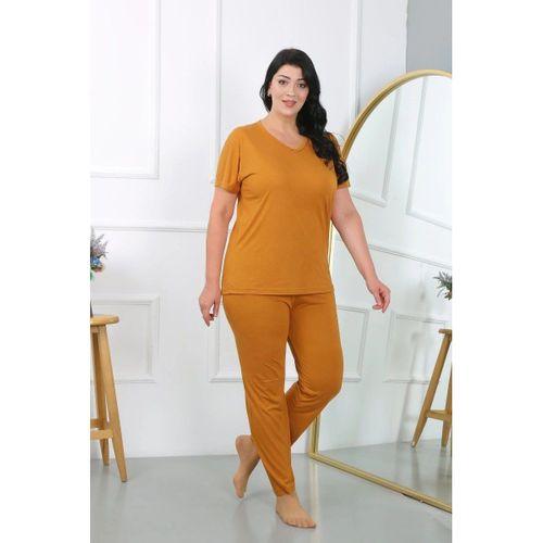 Kadın Büyük Beden Kısa Kol Penye Pijama Takımı Hardal