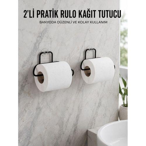 2 Adet Siyah Yapışkanlı Kağıtlık Duvar Tipi Tuvalet Kağıdı Ve Rulo Tutucu