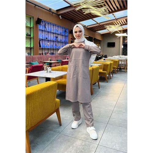 Önden İki Cepli Sade Basic Uzun Tunik Pantolon İkili Spor Takımı - 03067.016 - Vizon