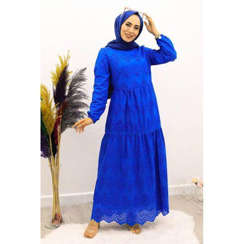 Güpürlü Elbise Boydan Astarlı Pamuk Kumaş Saks Mavi