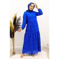 Güpürlü Elbise Boydan Astarlı Pamuk Kumaş Saks Mavi