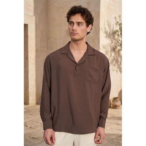 Sartre Apaş Yaka Tek Cepli İnce Modal Kumaş Oversize Uzun Kollu Yazlık Gömlek - Kahve