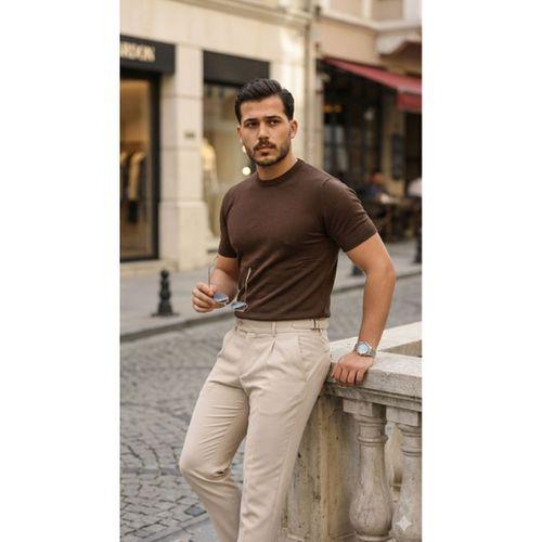 Erkek Basic Bisiklet Yaka Kısa Kollu Triko Tişört - %100 Pamuk Akrilik