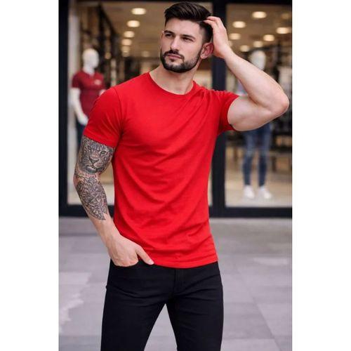 Erkek T-Shirt Bisiklet Yaka Slim Fit Dar Kesim Likralı Tişört Günlük Basic Body - Kırmızı
