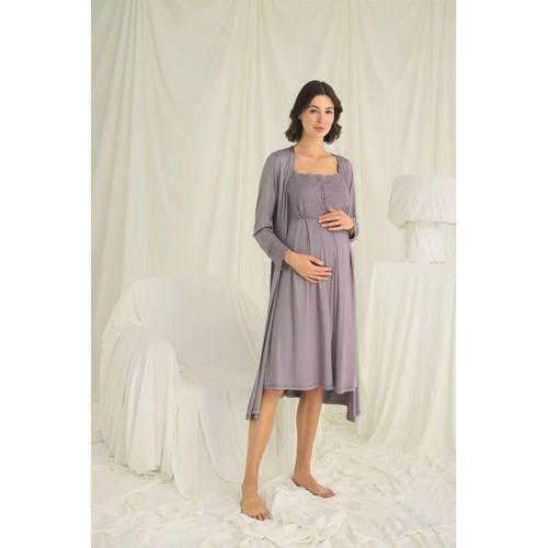 Dantelli Önü Düğmeli Hamile Lohusa Sabahlık Takımı