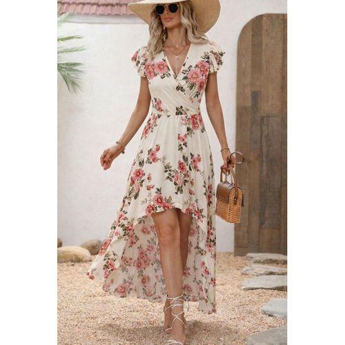 Kadın Kısa Kollu Kruvaze Yakalı önü Asimetrik Detaylı Uzun çiçek Desenli Süprem Elbise