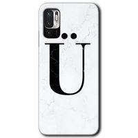 Poco M3 Pro Kılıf HD Desen Baskılı Arka Kapak + Temperli Cam - Beyaz Mermer Desenli Ü Harfi