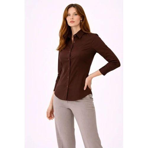 Uzun Kollu Gömlek Düğmeli Klasik Yaka Günlük Ve Ofis Şıklığına Uygun - Kahverengi