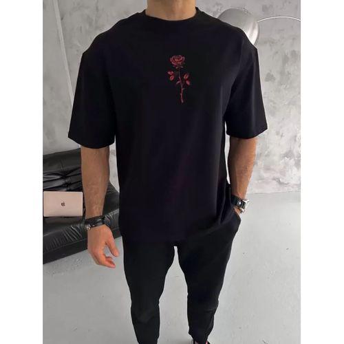 Unisex Bisiklet Yaka Baskılı Oversize T-Shirt - Siyah