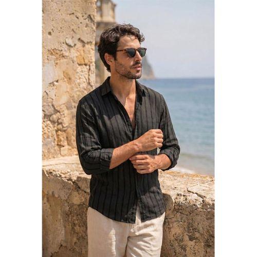 Ralph Çizgi Desenli Yumuşak Dokulu Rahat Kalıp Yazlık Erkek Gömlek - Siyah