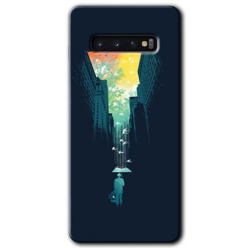 MRCİLETİSİM MRCİLETİSİM Samsung Galaxy S10 Kılıf HD Desen Baskılı Arka Kapak + Temperli Cam - City Bird Sky