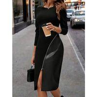 Kadın Uzun Kollu Asimetrik Yırtmaç Deri Detaylı Midi Ithal Krep Elbise