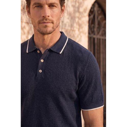 Balzac Yakası Şeritli Düğmeli Polo Yaka Basic Günlük Petek Örgü Triko Erkek T-Shirt - Lacivert
